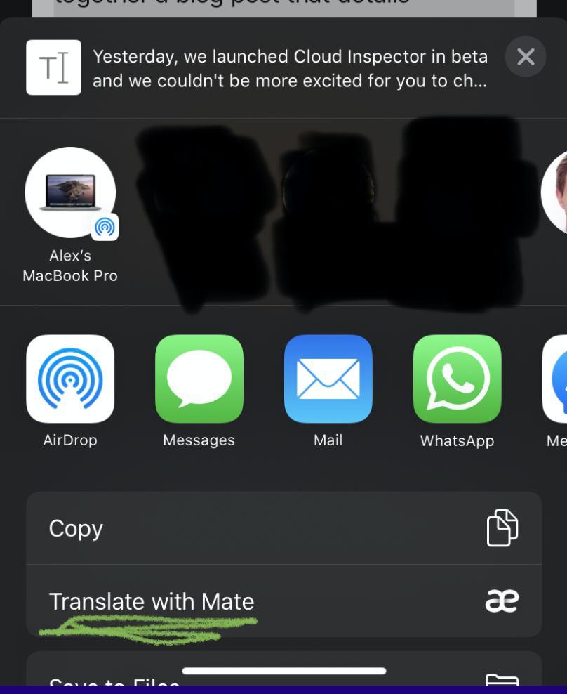 Paylaş menüsündeki Translate with Mate seçeneği