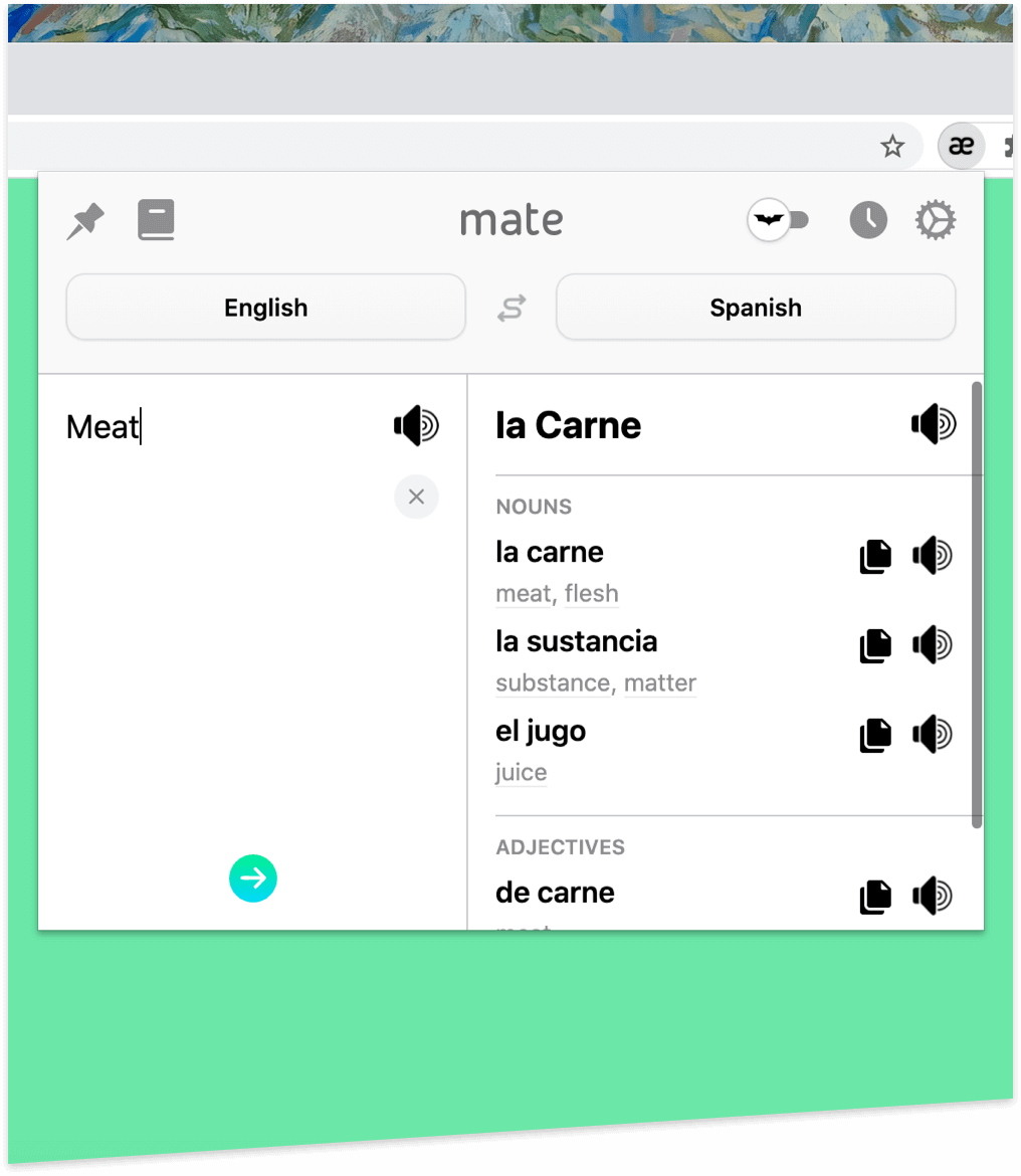 Mate'in Chrome araç çubuğundaki penceresi