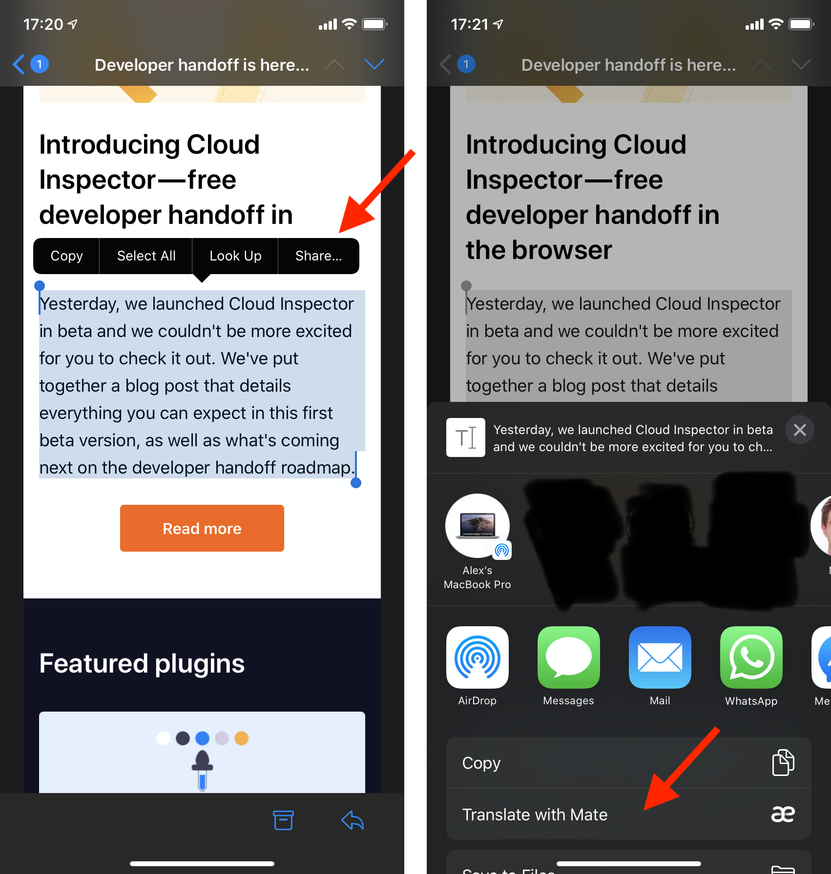 Translate with Mate in the iOS share sheet